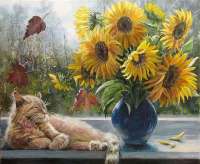 Без бренда «Подсолнухи в синей вазе возле кота» во Владивостоке в интернет-магазине  во Владивостоке Без бренда «Подсолнухи в синей вазе возле кота» во Владивостоке