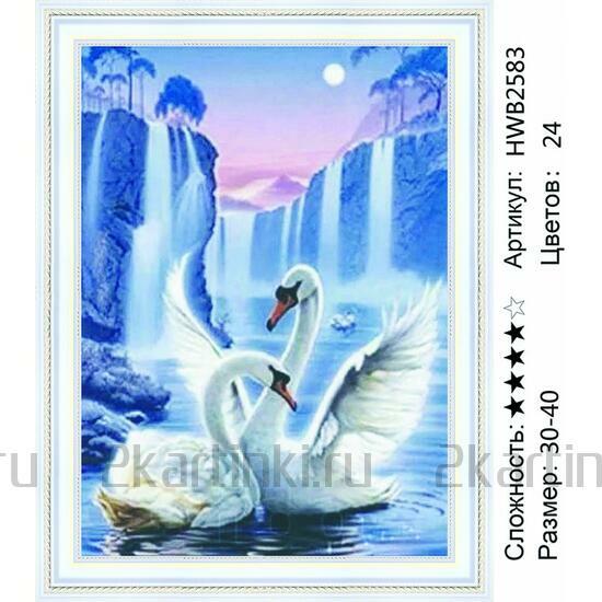 Алмазная мозаика 30x40 Влюбленные лебеди на озере с водопадами