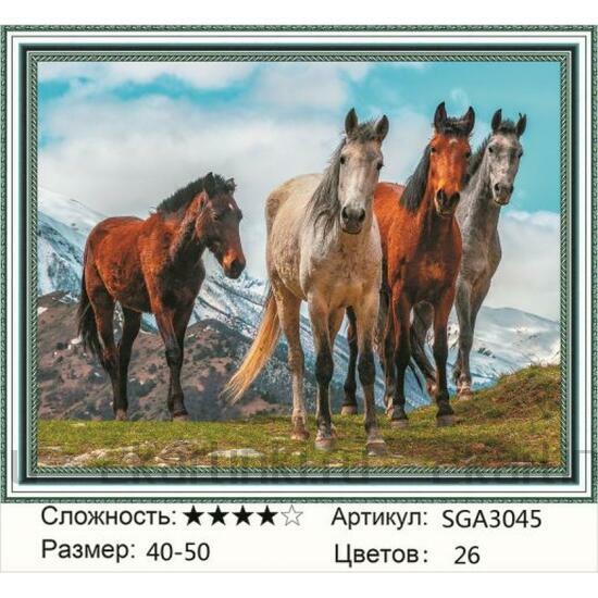 Алмазная мозаика 40x50 Красивые лошади гуляют по горам