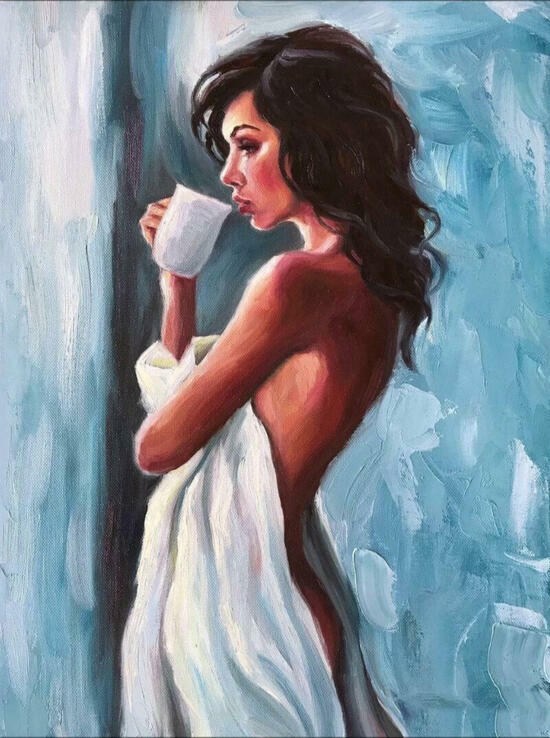 Картина по номерам 40x50 Обнаженная женщина с чашкой кофе