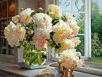 Без бренда «Ваза с букетом белых пионов у окна» во Владивостоке