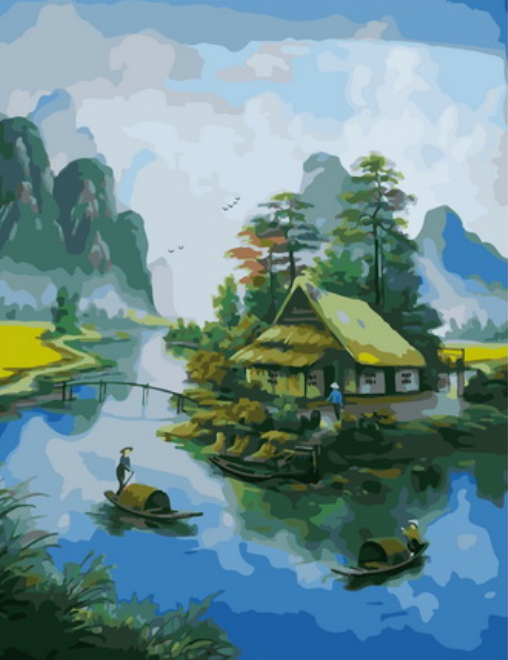 Картина по номерам 40x50 Хата с соломенной крышей у реки