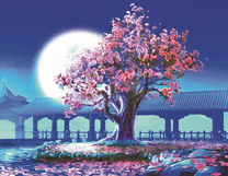 Цветущее дерево в ночи среди озера