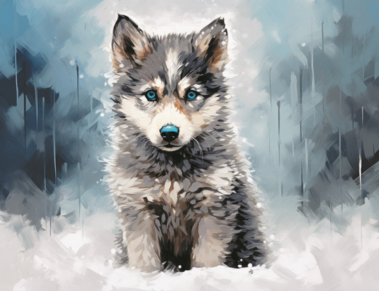 Алмазная мозаика 40x50 Голубоглазый щенок в снегу