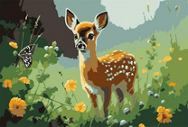 Оленёнок и бабочка на зелёной полянке