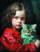 Девочка в красном платье с котиком на руках