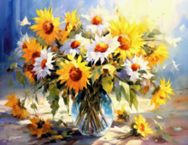 Букет из желтых и белых цветов в стеклянной вазе