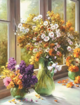 Полевые букеты в вазах на столе