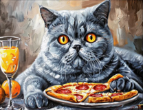 Пухлый серый кот и пицца
